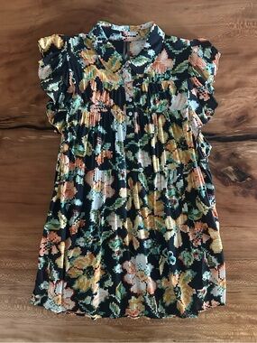 Anthropologie Black Floral Pixel-Print Flutter Sleeve Mini Dress|Size: Small